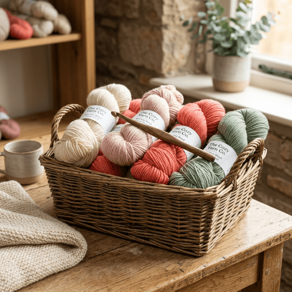 Handmade crochet pieces and yarn